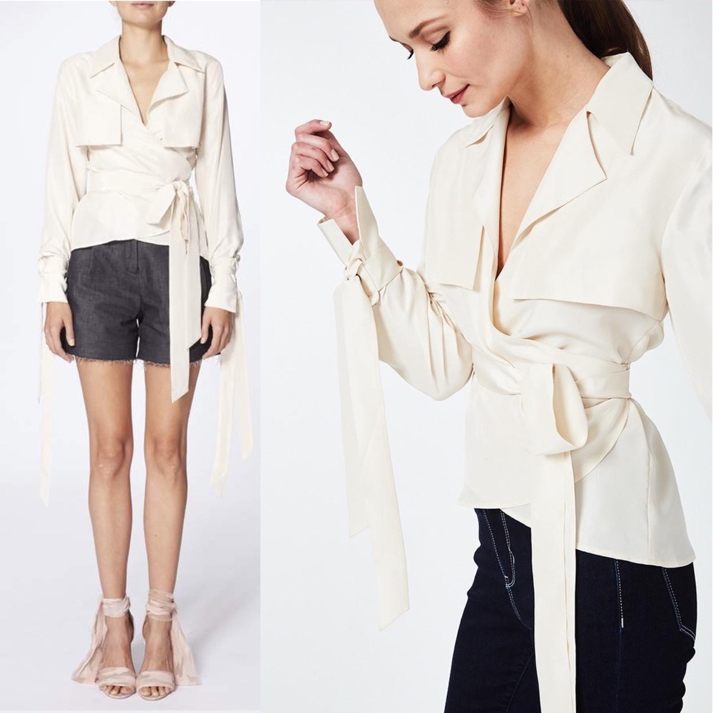 Nicole Miller Silk Habotai Safari Wrap Top Blouse